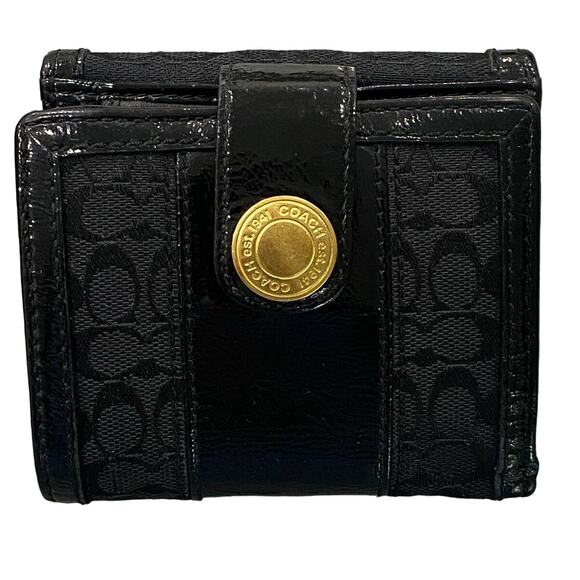 EUC Coach Monogram Canvas Patent Leather Black and Gold Bifold Unisex Wallet - Picture 1 of 16